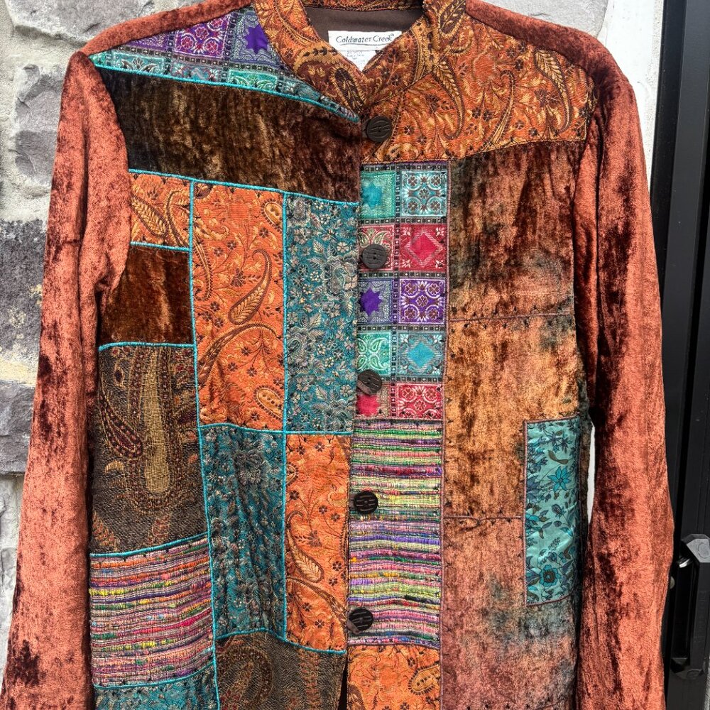 Coldwater Creek Brown Bronze Velvet Patchwork Artsy Button Jacket Top Size S